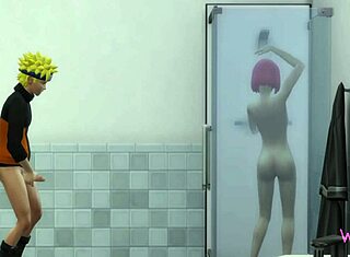 Hentai shower with Naruto and Sakura in 3D animation
